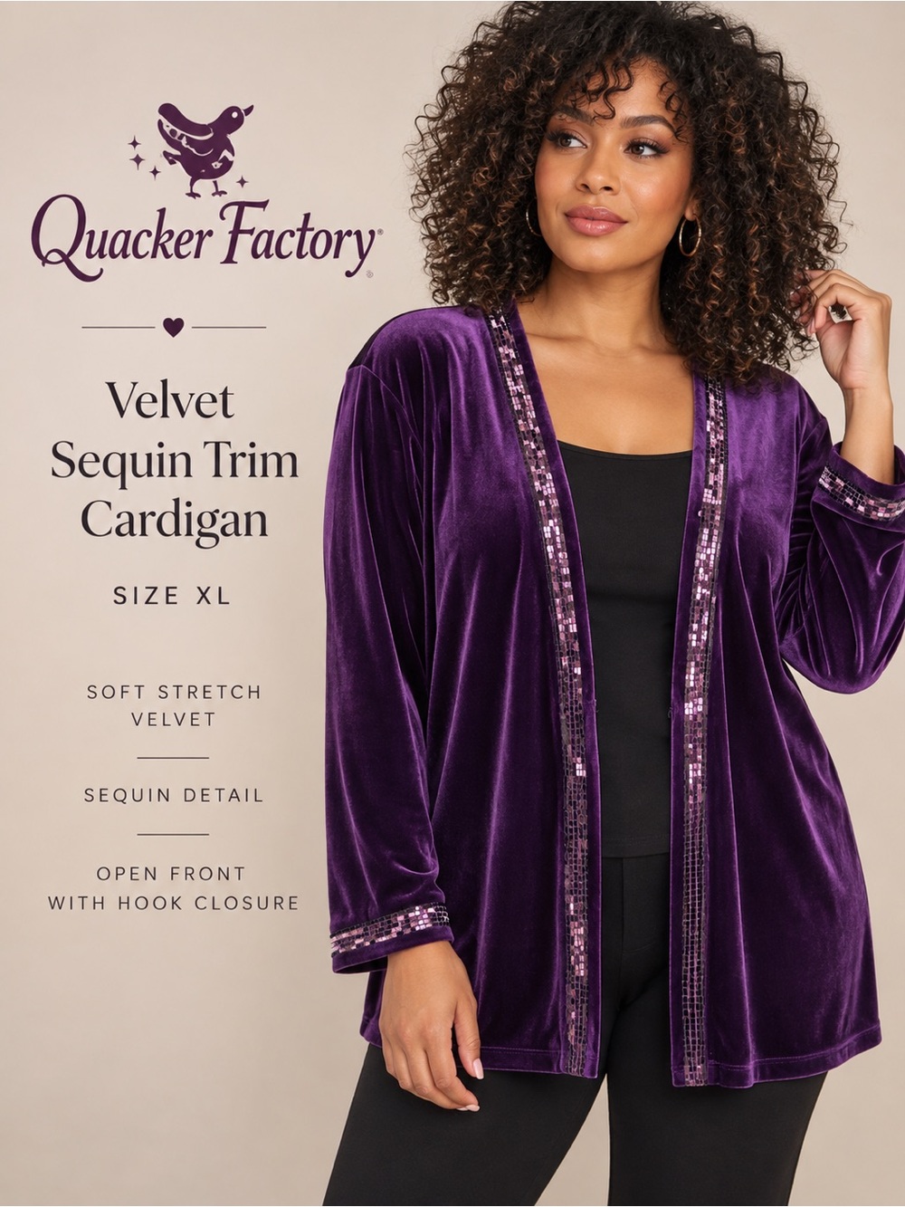 Quacker Factory Purple Velvet Sequin Trim Cardigan XL A5160